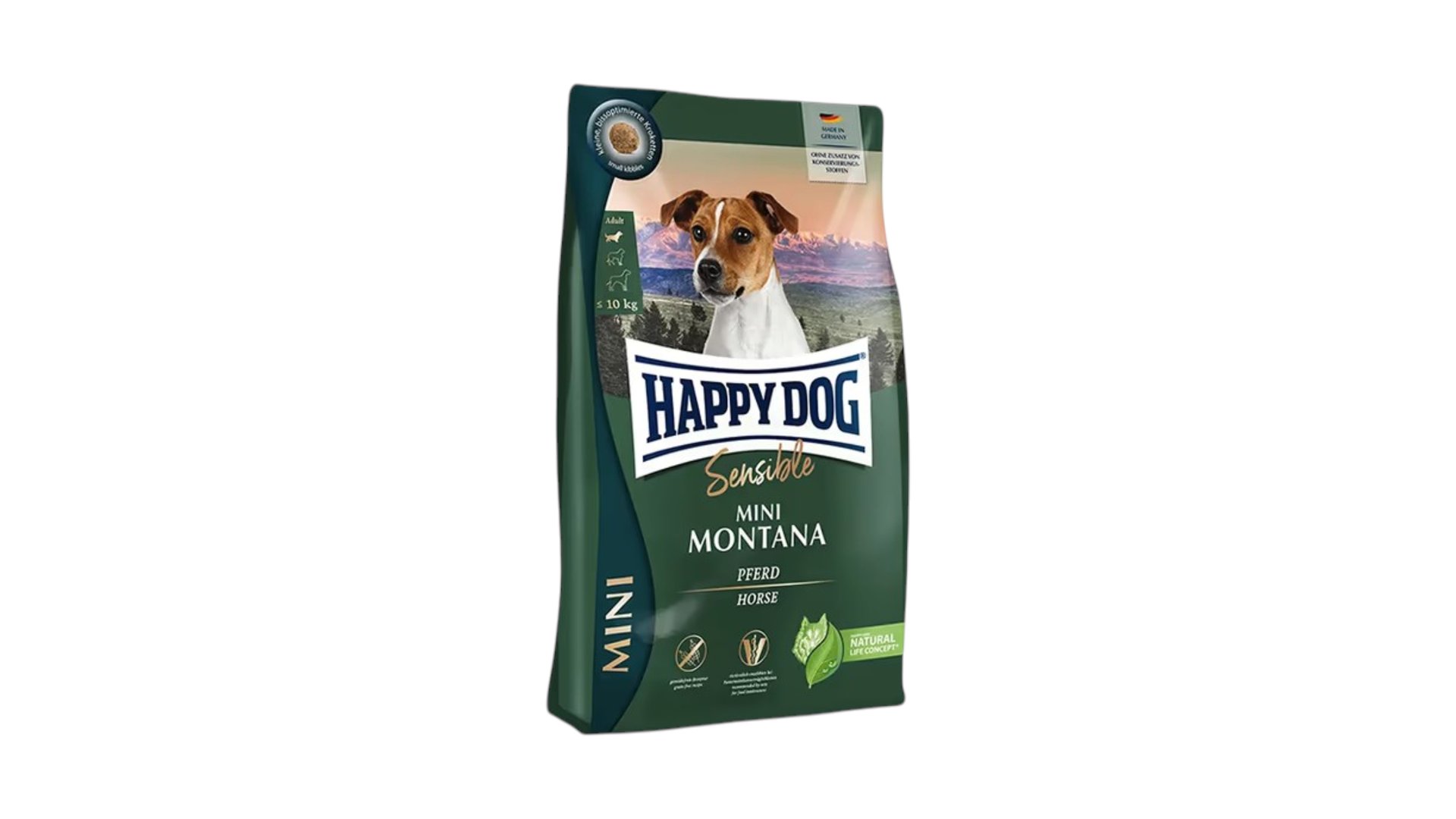Happy Dog Mini Montana — həssas həzm sisteminə malik kiçik cins itlər üçün at əti ilə hazırlanmış taxılsız quru yem 1kq, Çəki ilə