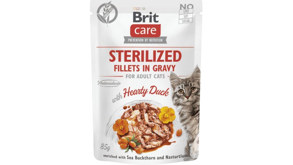 Brit Care Fillets Sterilised – Sterilizə olunmuş pişiklər üçün sousda ördək filesi, 85 q