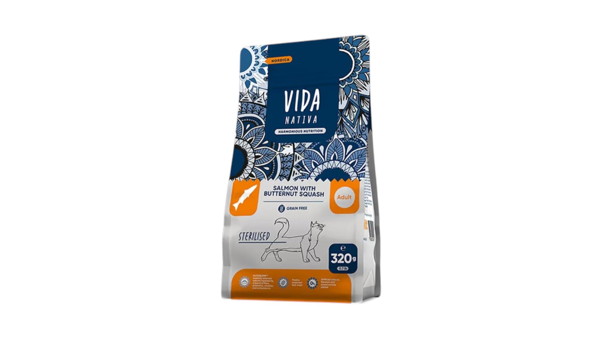 Vida Nativa – Sterilizə olunmuş pişiklər üçün somon balığı və balqabaqlı tam quru yem 320gr (qapalı paket)