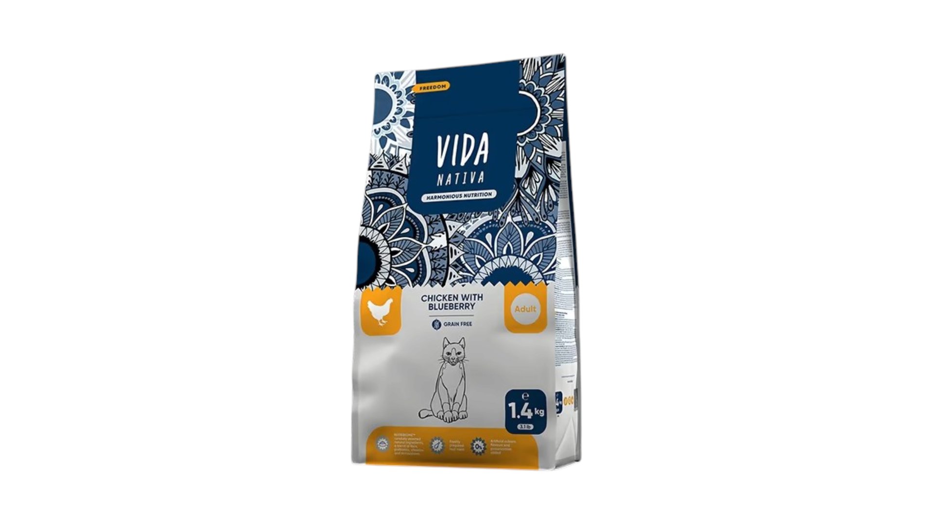 Vida Nativa – Pişiklər üçün Toyuq əti və qaragilə ilə tam quru yem 1.4kg (qapalı paket)