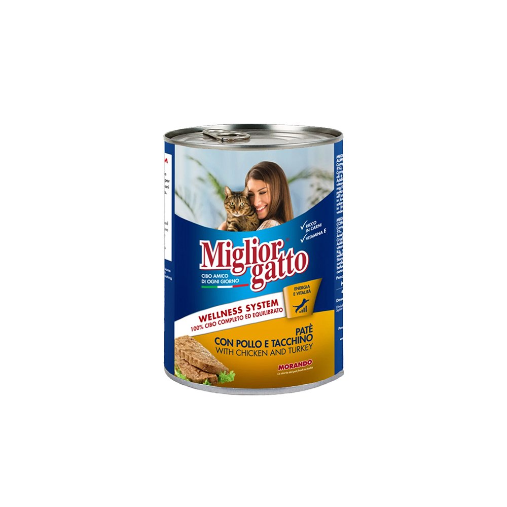 Miglior Gatto, yetkin pişiklər üçün yaş yem, toyuq və hinduşka paşteti, 400 qr